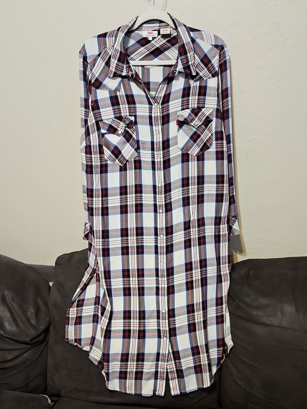 Levi's Plaid Long-Sleeve Shirt Dress in White, Navy & Red